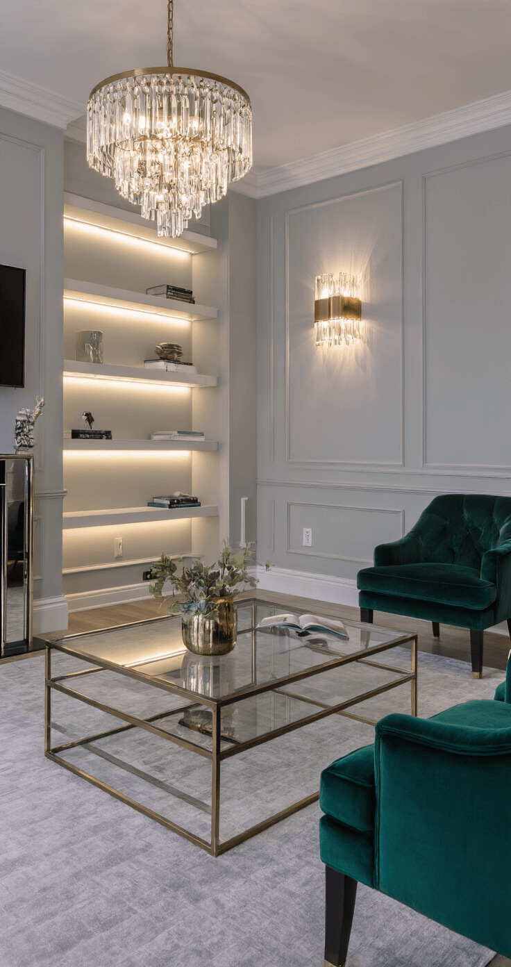 Corner perspective of a small living room featuring a crystal pendant chandelier, brass sconces, and LED strip lighting beneath floating shelves, with pale gray walls and a deep emerald velvet accent chair, all captured at dusk with a focus on ambient lighting effects.