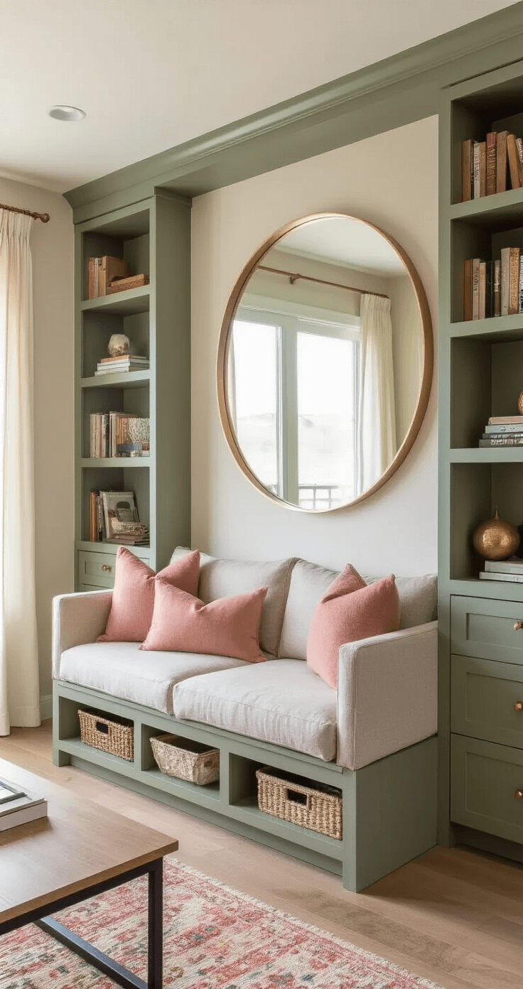 A wide-angle view of a compact micro living room featuring floor-to-ceiling sage green bookshelves, a centered oatmeal linen loveseat with hidden storage, and an oversized arched mirror for a false window effect, accented with blush and copper decor, illuminated by natural morning light and warm artificial lighting.