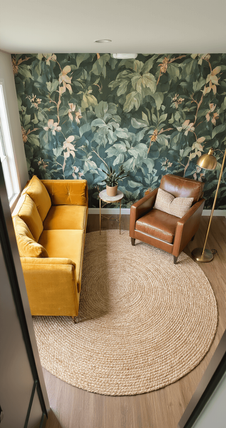 Elevated view of a smartly zoned 10x10ft living room featuring a mustard yellow velvet sofa on a round jute rug, a leather armchair in a reading nook with a brass floor lamp, and a removable botanical wallpaper accent wall, captured in soft afternoon light.