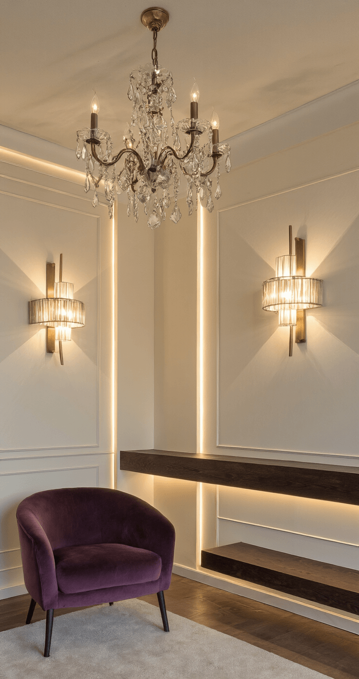 Intimate living room corner featuring a vintage crystal chandelier, modern wall sconces, and LED strip lighting, with cream walls, dark wooden shelves, and a deep plum velvet accent chair, captured at dusk for atmospheric effect.