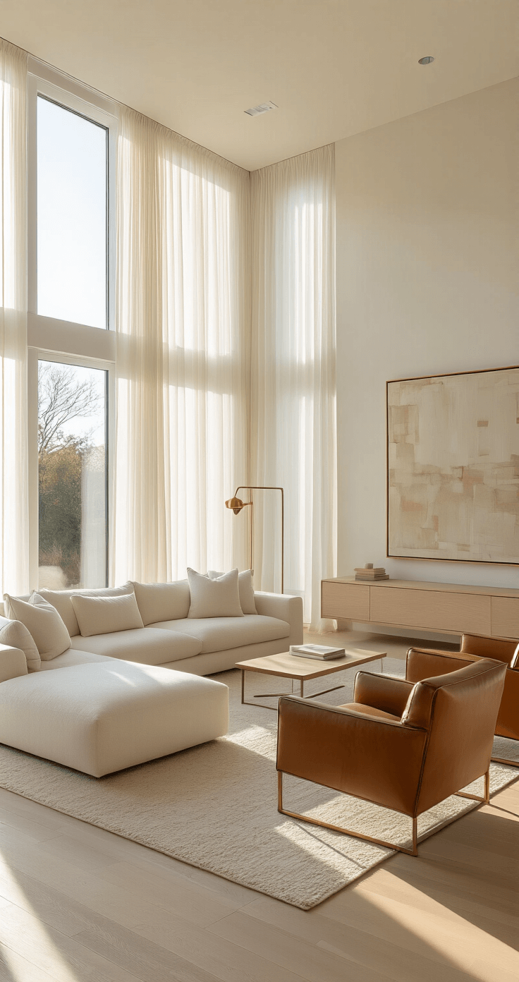 A modern living room featuring a low-profile ivory bouclé sectional, cognac leather accent chairs, and a bleached oak media console, illuminated by late afternoon golden light filtering through sheer white curtains and floor-to-ceiling windows. The space has wide-plank white oak flooring and an oversized abstract canvas, creating an ethereal atmosphere.