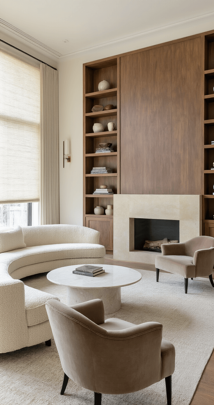 An intimate living space featuring a curved cream boucle sofa, taupe channel-tufted velvet chairs, and a round marble coffee table, with warm walnut shelving displaying ceramics, all illuminated by early morning light filtering through grass cloth shades.