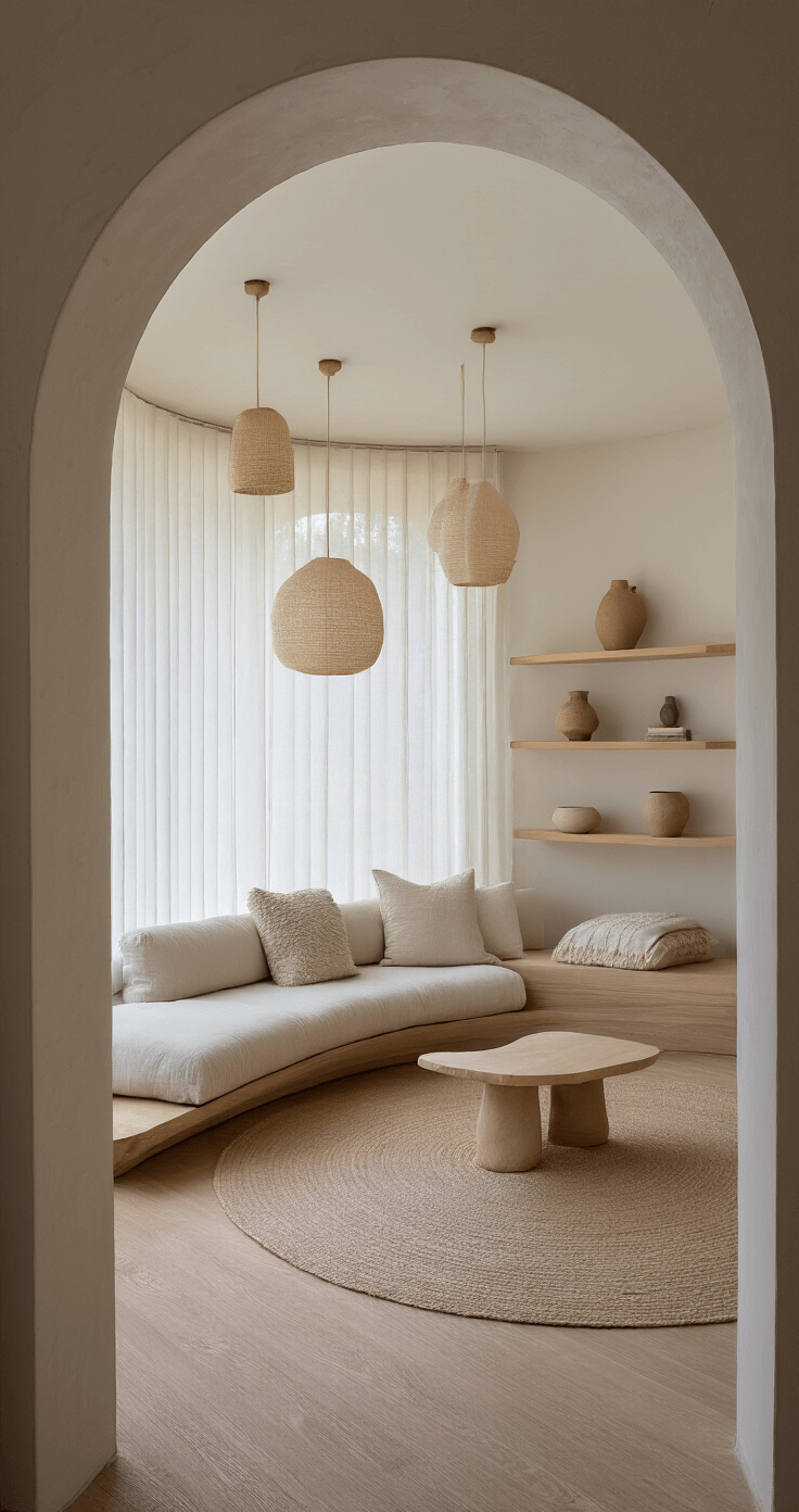 A modern organic living space featuring a curved archway entrance, illuminated by diffused midday light through translucent window treatments. A low-slung modular sofa upholstered in natural linen is adorned with textural throw pillows, while bleached maple floating shelves showcase minimal décor in neutral tones. Handcrafted ceramic pendant lights cast soft pools of light, creating an intimate atmosphere with layered textures captured from a seated perspective.