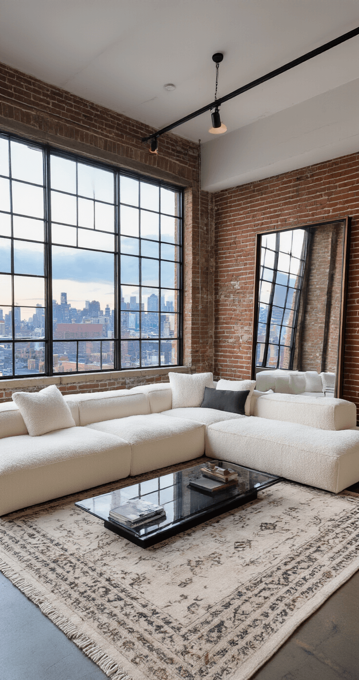 A minimalist loft living area featuring industrial windows and exposed brick, illuminated by dramatic dusk lighting. An ivory bouclé sectional sofa forms a conversation area atop a vintage Moroccan rug, while a black steel and glass coffee table adds an architectural touch. An oversized mirror reflects the city skyline, with the scene captured from a slight elevation.