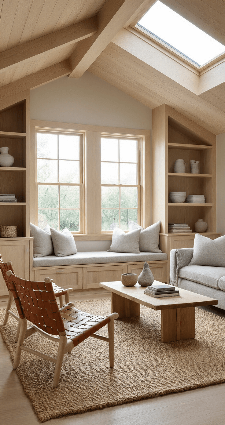 A Scandinavian-inspired living room featuring a pitched ceiling and skylight, with morning light illuminating light ash wood built-ins, a window seat with natural linen cushions, a warm grey wool felt sofa, woven leather lounge chairs, and a handknotted jute rug, all arranged to highlight vertical height and natural light.