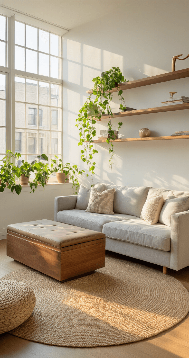 A cozy 12x14ft living room featuring a dove grey linen sofa bed and walnut storage ottoman, illuminated by golden hour sunlight through large windows. Floating walnut shelves adorn a white wall in a geometric layout, and a round jute rug anchors the area. Trailing pothos plants add greenery, with a warm color palette of cream, walnut, grey, and brass accents.