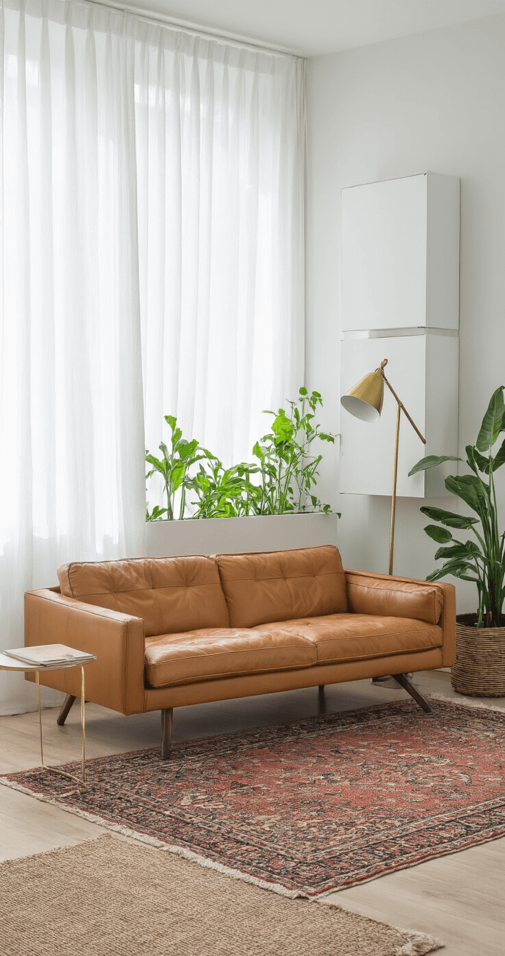 A light-filled urban living space featuring a camel leather mid-century modern loveseat, matte white wall-mounted storage, and a neutral color palette accented with deep green plants and cognac leather. A brass floor lamp provides ambient lighting over a seating area defined by layered Persian and jute rugs.
