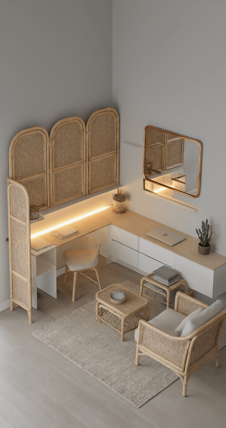 Aerial view of a minimalist 11x13ft living area at dusk, featuring a rattan room divider separating a compact work nook from a cozy seating area, with ambient LED strip lighting behind floating shelves, blonde wood, white lacquer, and textured linen materials, cool grey walls accented by copper and cream upholstery, and an oversized mirror enhancing the visual space.