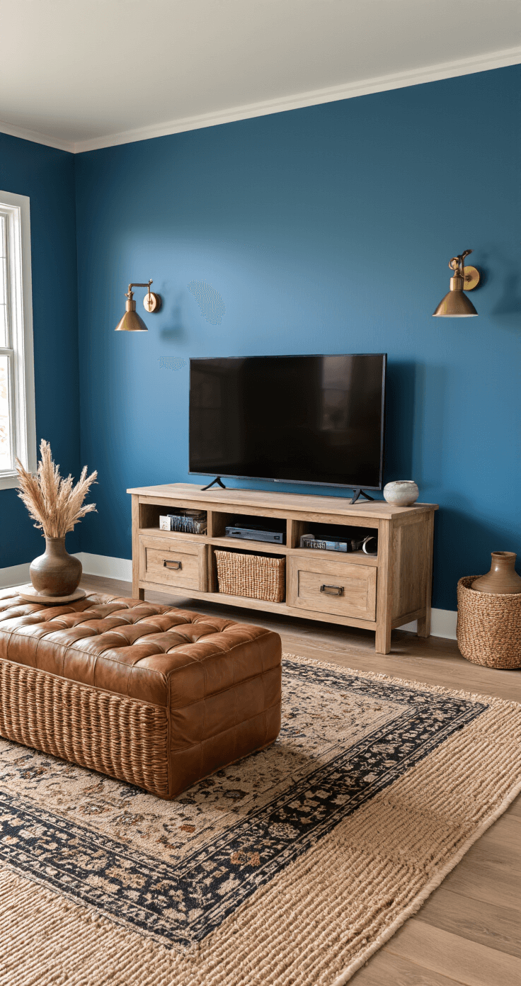A cozy 10x12ft room captured during blue hour, featuring a multifunctional cerused oak media console, a woven leather ottoman serving as a coffee table, and a vintage rug layered over sisal, all set in an earth-tone palette with black accents and aged brass details.