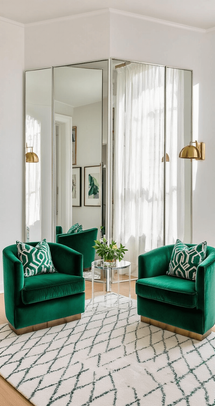 A sunlit corner living room featuring floor-to-ceiling mirrors, compact emerald green velvet armchairs, and a lucite side table. The scene captures reflections with mixed metals in chrome, brass, and bronze, set against white walls adorned with bold jewel-tone accessories and geometric patterns in pillows and art.