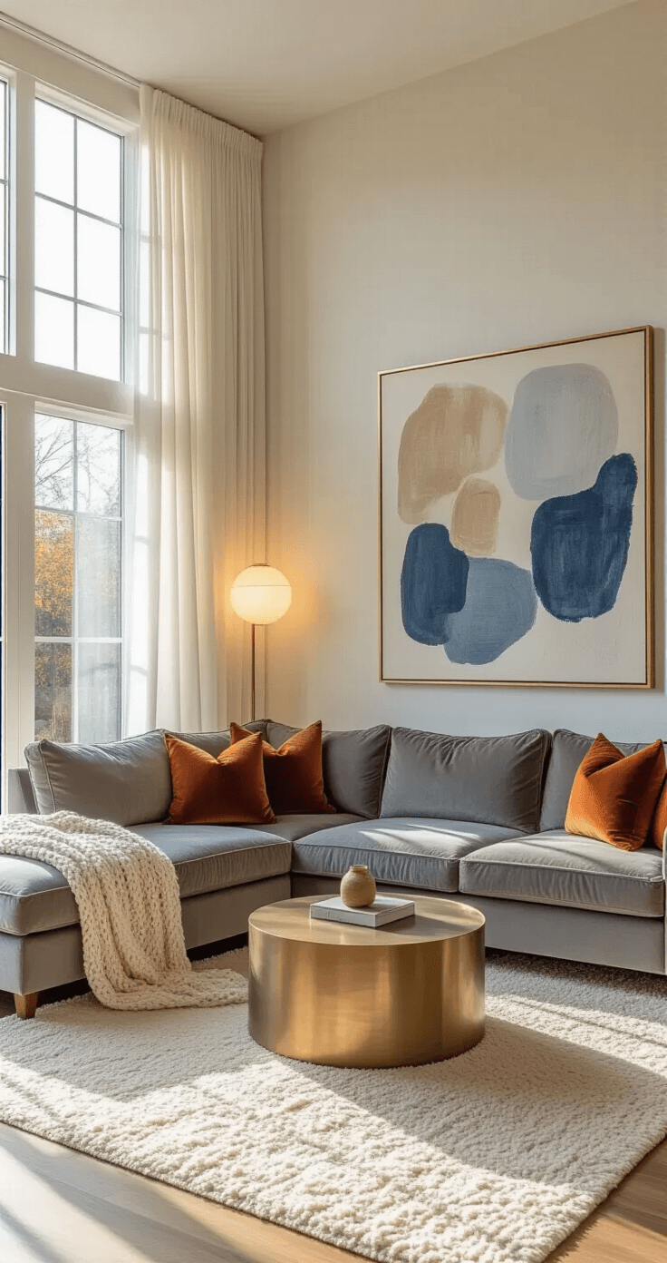 Cozy living room with golden hour sunlight, featuring a gray velvet sectional, cream knit throws, rust-colored pillows, round brass coffee table, ivory Moroccan rug, sheer curtains, and a large abstract canvas, captured from a low corner angle.