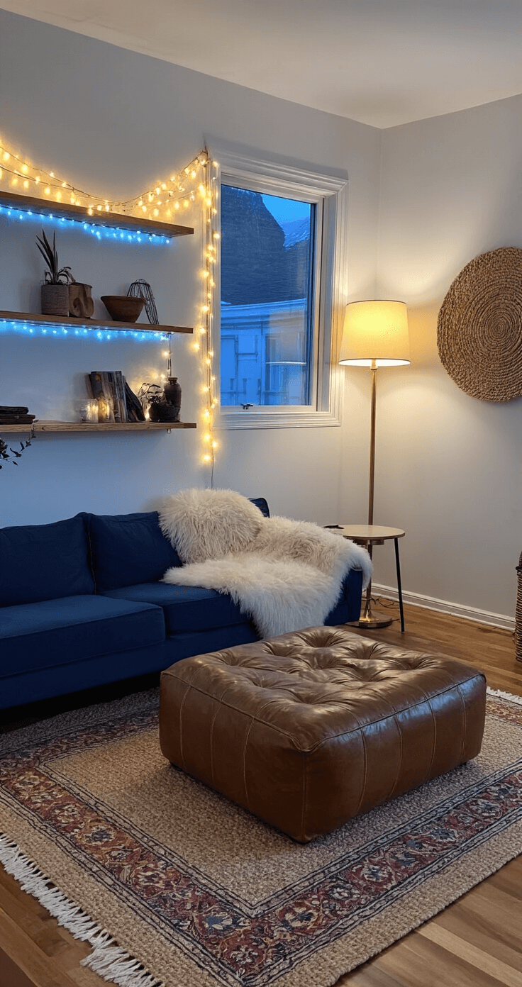 A cozy 10x12ft living space at dusk, featuring a navy blue loveseat, a leather ottoman, and warm lighting from a brass floor lamp, a vintage table lamp, and twinkle lights on shelves, accented with a sheepskin throw, woven wall hanging, and layered rugs.