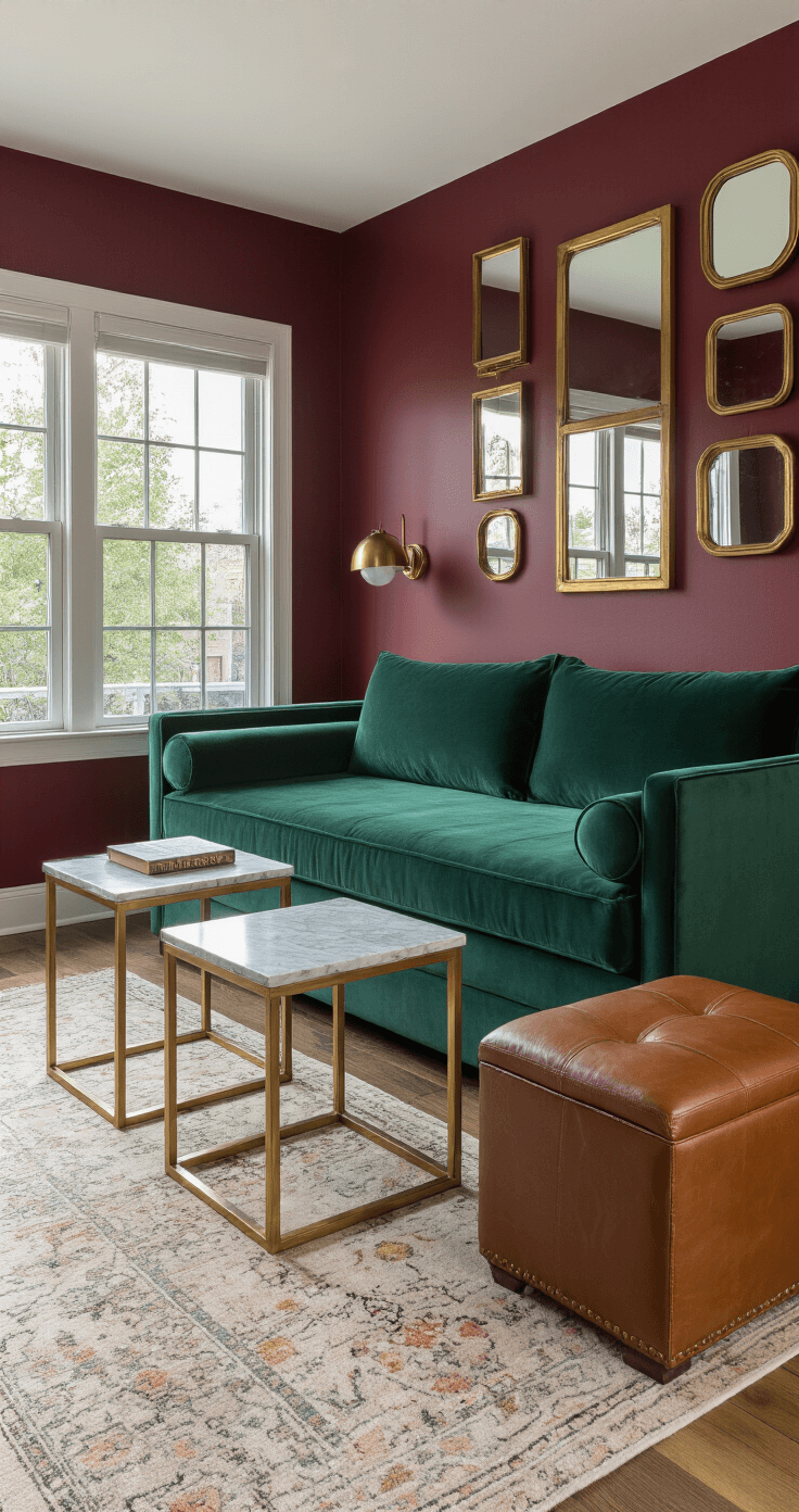Petite living area at twilight featuring an emerald velvet daybed/sofa combo, brass and marble nesting tables, and a cognac leather storage ottoman, against a rich burgundy accent wall adorned with vintage brass mirrors, captured straight-on with strategic accent lighting.