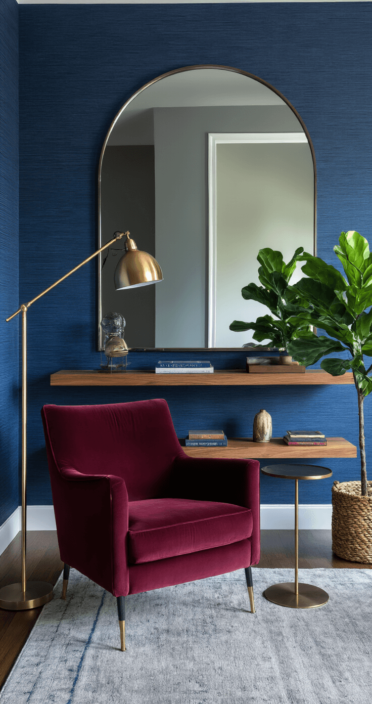 A sophisticated 10x15ft space featuring a burgundy velvet armchair, a slim brass floor lamp, and floating walnut shelves with curated objects, all set against deep blue grasscloth wallpaper and illuminated during blue hour, with an oversized arched mirror reflecting a fiddle leaf fig plant.