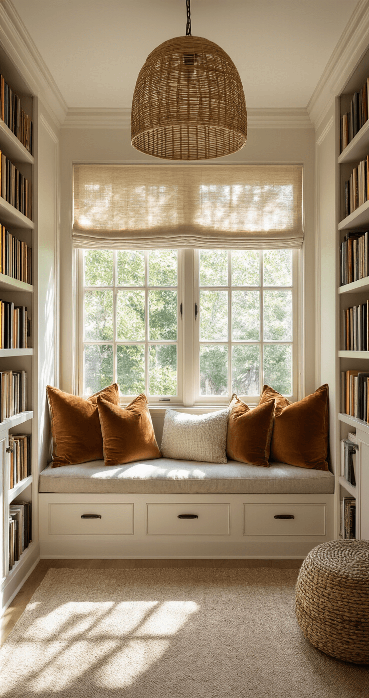 Cozy reading nook featuring a built-in window seat with storage drawers, surrounded by tall bookshelves, adorned with stacked cushions in warm earth tones, illuminated by a natural rattan pendant light casting dappled shadows.