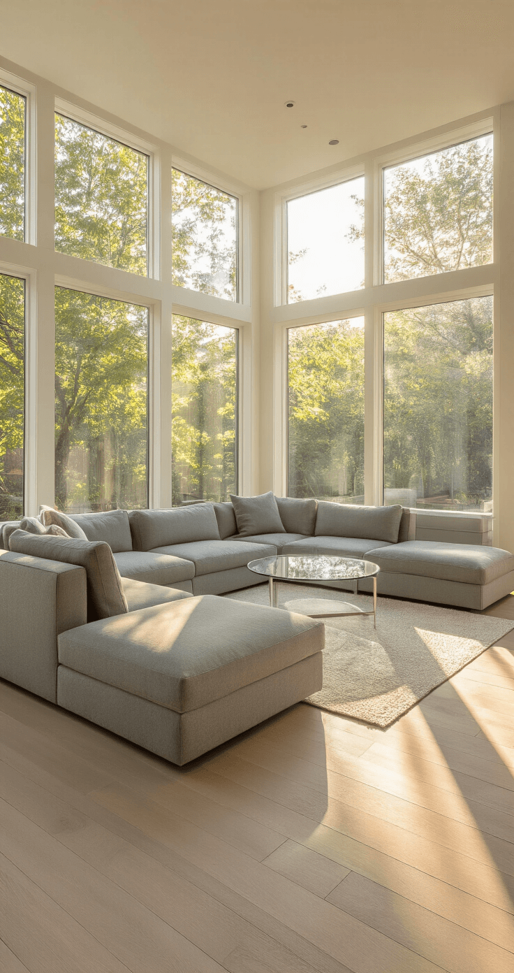 A bright modern living room with a gray sectional and round glass coffee table, photographed at golden hour through large windows, highlighting whitewashed oak floors and sage green accents.