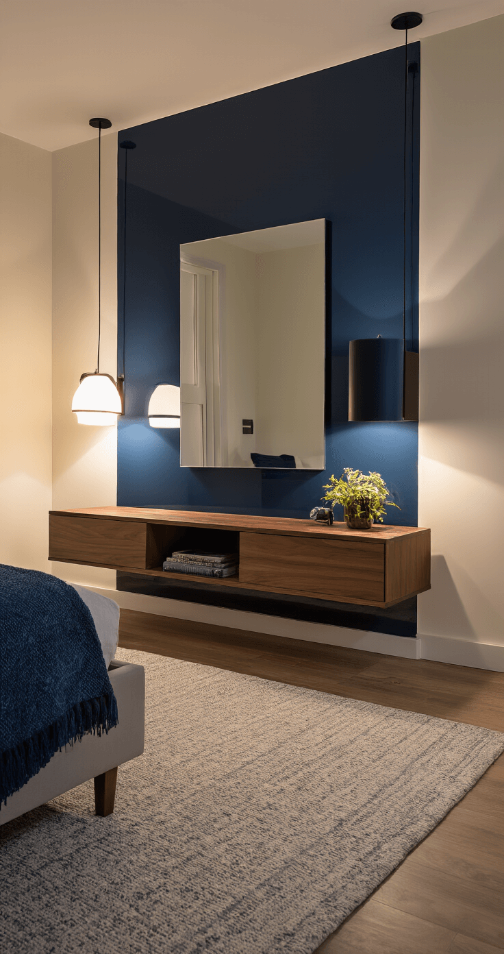 Intimate living space at dusk featuring a high-gloss navy accent wall, cream-colored walls, and dramatic uplighting from contemporary floor lamps. A walnut floating media console is positioned beneath a large frameless mirror, with layered blue and gray textiles adding depth. The scene is captured with a shallow depth of field, highlighting the interplay of light and reflection.