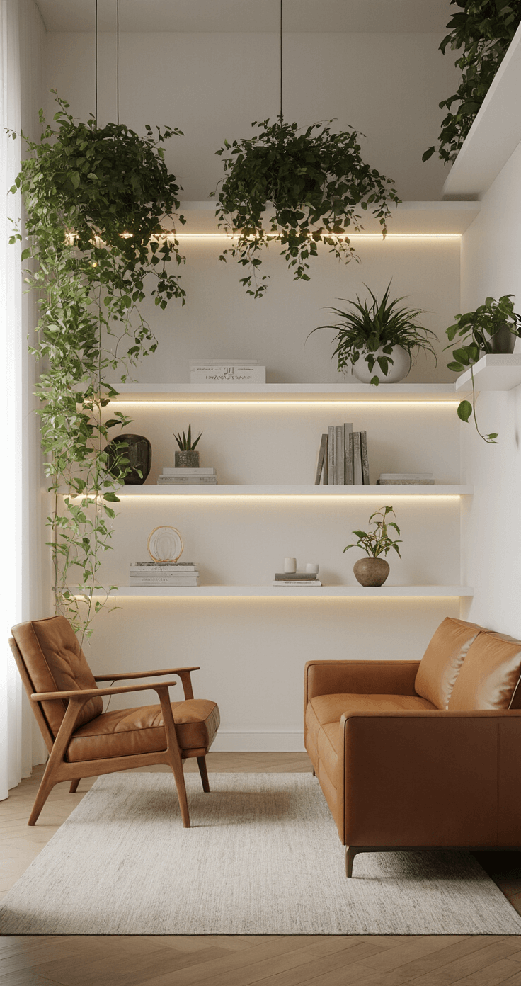 Compact urban living room filled with morning light, featuring vertical design elements like staggered floating shelves and hanging plants. A mid-century modern armchair and cognac leather loveseat complement warm wood tones and brass accents, highlighted by slim LED strips. Wide-angle view emphasizes the room's height and natural illumination.