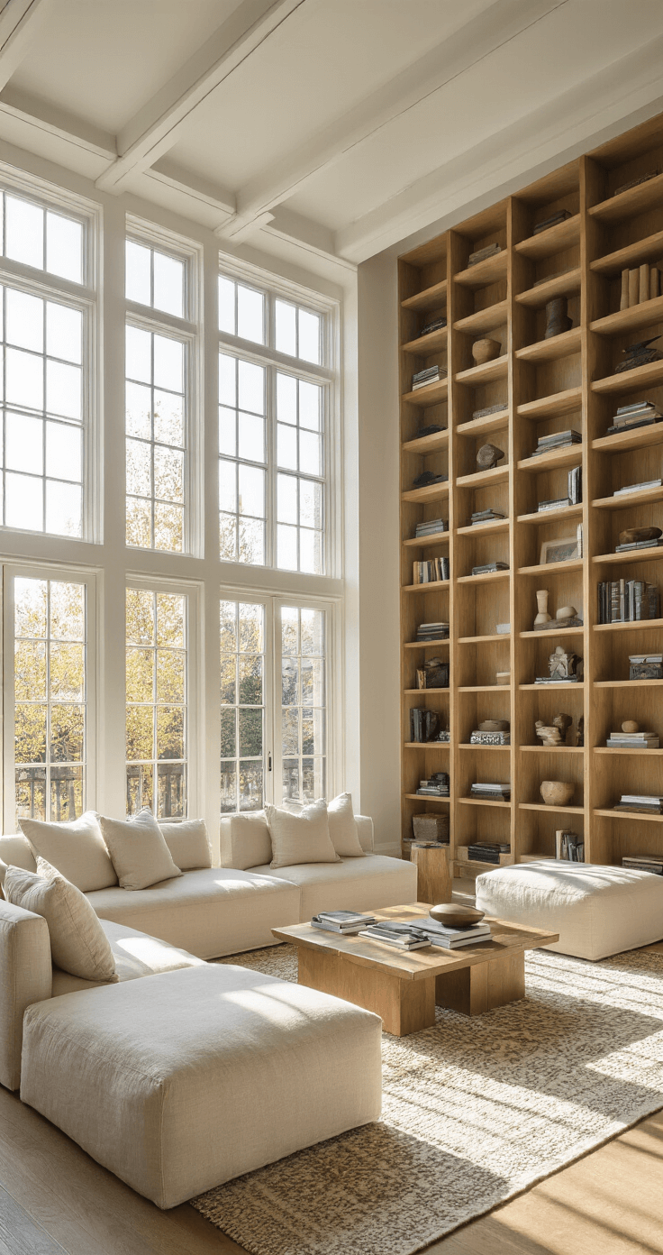 A bright studio living area with double-height windows, featuring a tall bookcase filled with books and curated objects, oatmeal linen modular seating arranged for optimal flow, and geometric textiles that complement the architectural details, all illuminated by cool morning light.