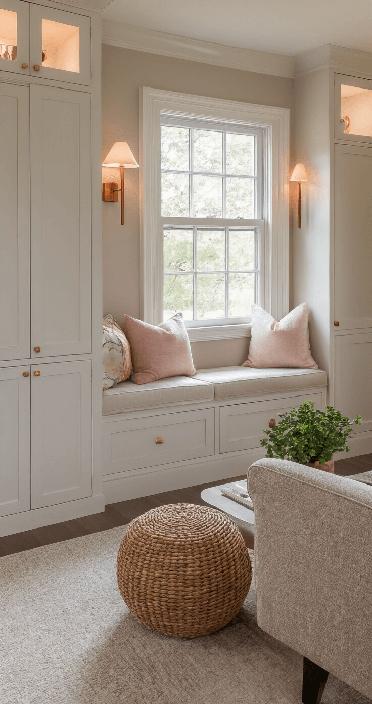 Petite twilight living room showcasing built-in cabinets, a window seat with hidden storage, and an asymmetrical furniture arrangement; features soft greige walls accented with blush and copper, illuminated by a mix of natural twilight and warm artificial lighting.