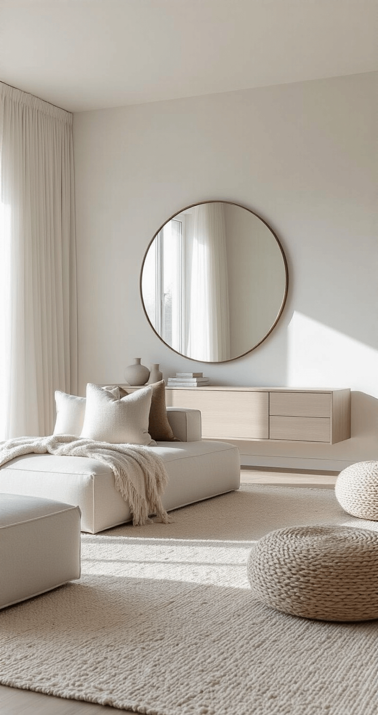 Modern minimal living space bathed in soft morning light, featuring a statement mirror, a floating credenza, and low-slung textured furniture adorned with cushions and throws, all in a cohesive monochromatic palette.