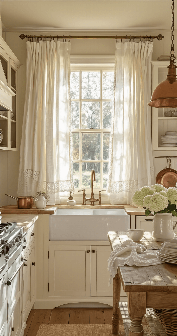 Sun-drenched farmhouse kitchen with a bay window, white linen and lace curtains, weathered oak table, cream shaker cabinets, and vintage copper pots, capturing warm golden hour light and fresh hydrangeas in mason jars.