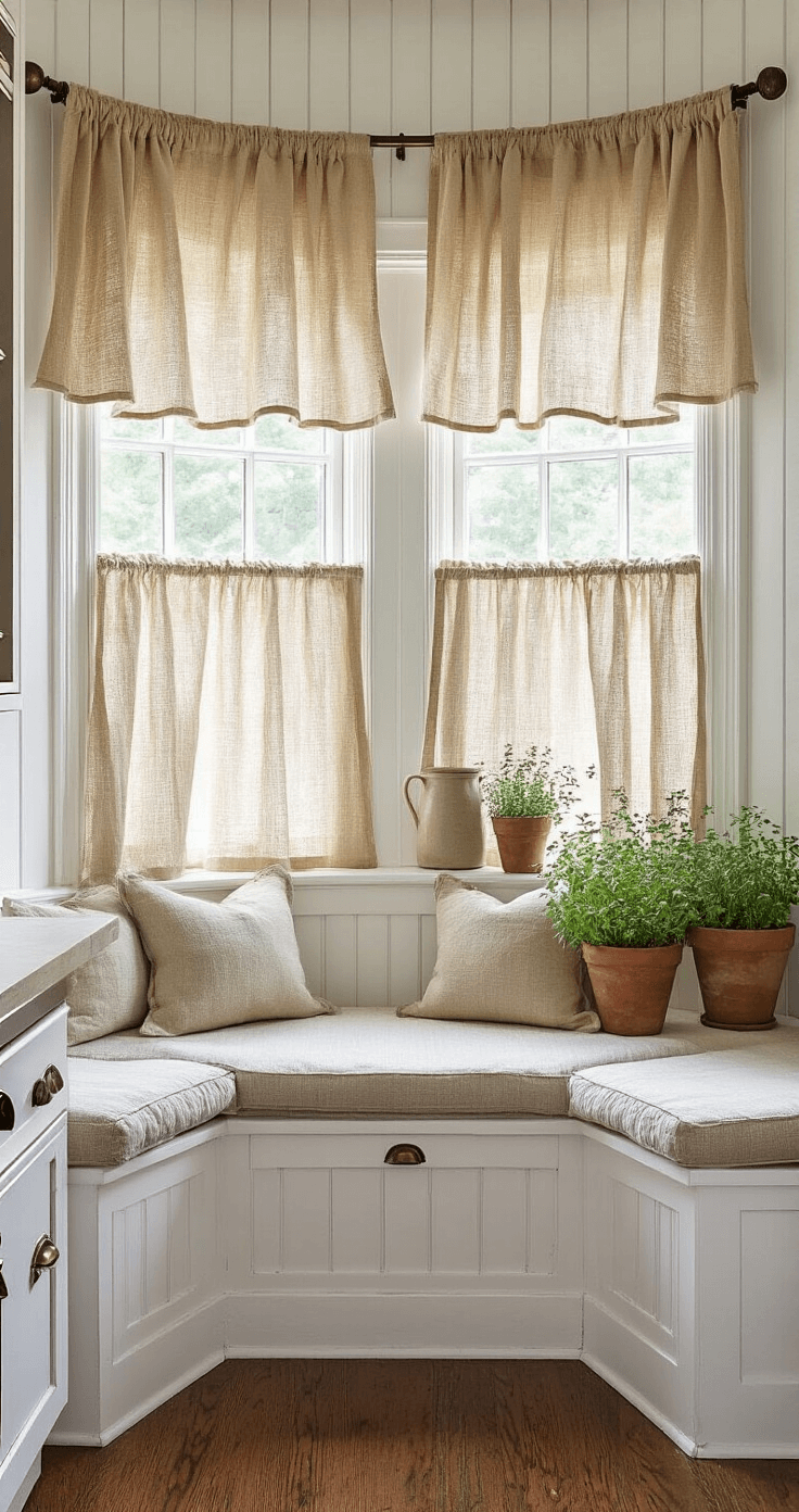Intimate morning kitchen nook featuring curved windows and heavy burlap café curtains with ruffle trim. Dramatic morning light illuminates rough fabrics, white beadboard walls contrast with dark iron rods, showcasing vintage enamelware on open shelves and fresh herbs in terracotta pots.