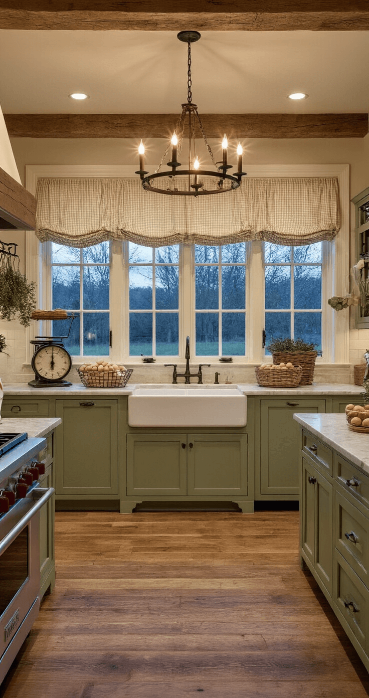 Wide-angle view of a spacious 15x20ft country kitchen at twilight, featuring floor-to-ceiling windows with cream cotton panels and gingham valance, an iron chandelier casting soft ambient light, weathered pine floors, sage green cabinets, and marble countertops. The scene includes a vintage scale collection, wire baskets filled with fresh eggs, and dried herb bundles hanging from exposed beams.