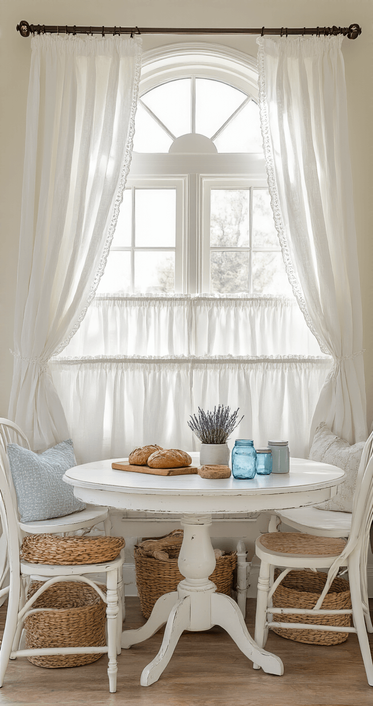 A cozy breakfast alcove with an arched window, adorned with tiered white cotton curtains featuring delicate eyelet trim. Soft mid-morning light filters through the fabric, casting gentle shadows. A distressed white round table is positioned below the window, surrounded by an eclectic mix of vintage chairs. The scene includes woven bread baskets, vintage blue mason jars, and a potted lavender, captured from a seated eye level to emphasize the movement of the curtains.