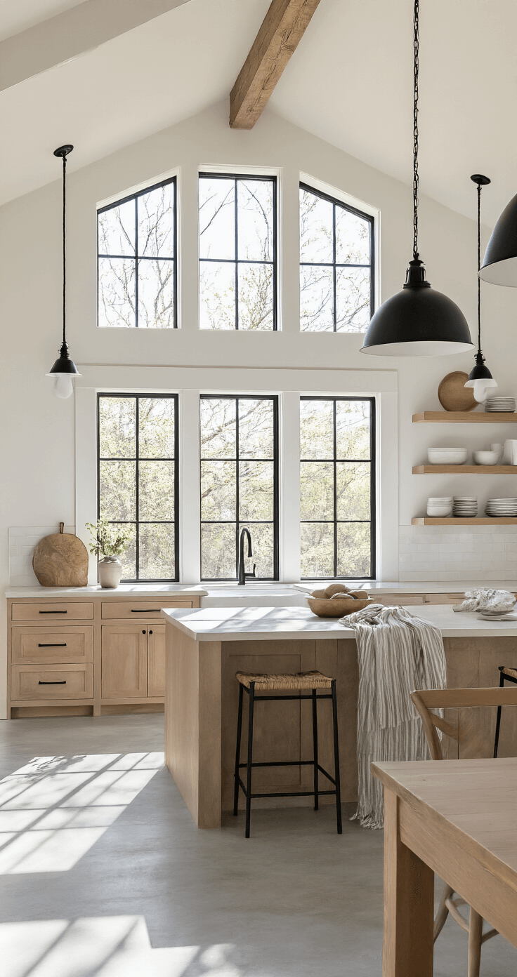 A modern farmhouse kitchen featuring clerestory windows, natural linen panels with subtle stripes, and white oak cabinetry with matte black hardware, illuminated by afternoon light and casting dramatic shadows on polished concrete floors.