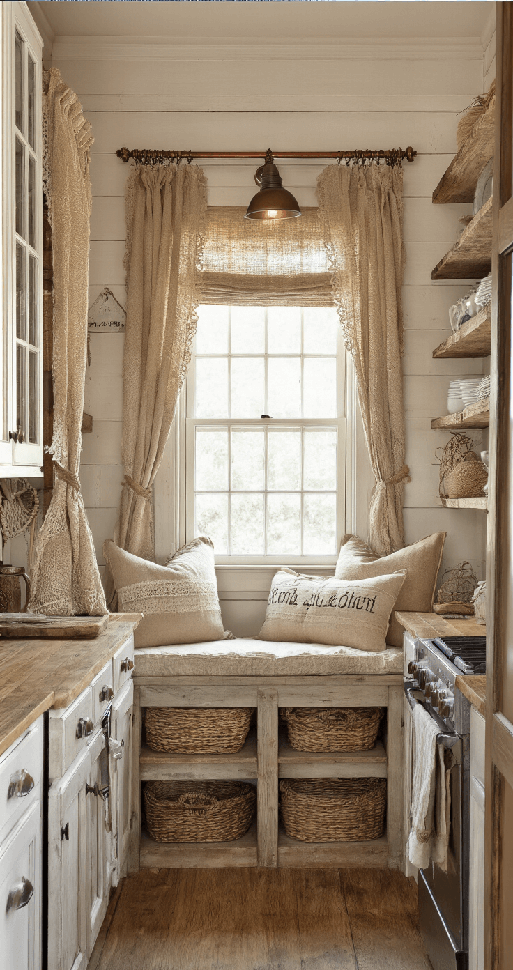 A rustic galley kitchen measuring 8x12ft features matching end windows adorned with burlap and lace layered panels on vintage copper rods. The scene is illuminated by warm under-cabinet lights, casting a cozy glow on reclaimed barn wood open shelving showcasing an ironstone collection. Vintage grain sack pillows and a woven basket collection enhance the charming, symmetrical design.