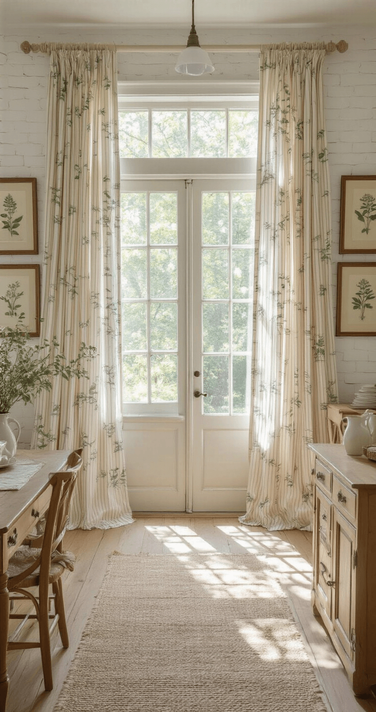 A cozy farmhouse breakfast room featuring mixed pattern curtains, whitewashed brick walls, and honey pine furniture, illuminated by dappled natural light.