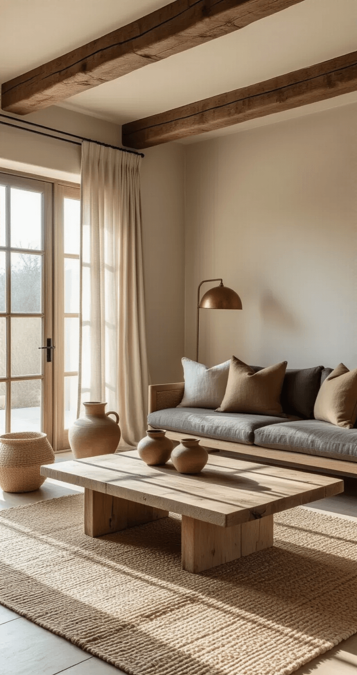 A sunlit living room with exposed wooden beams, plastered walls, and sheer linen curtains, featuring an oak coffee table, charcoal sofa with taupe cushions, handcrafted ceramic vessels, a jute rug, and a copper floor lamp, viewed from the entrance at eye level.