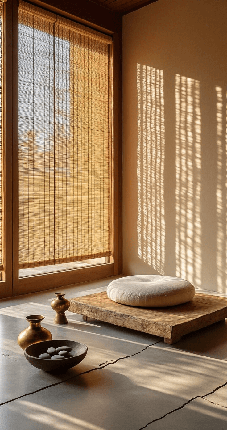 An intimate meditation room with tall windows filtering warm golden hour light across smooth concrete floors. A handcrafted zafu cushion on a wooden platform, a weathered brass incense holder, and an asymmetrical ceramic bowl with river stones are featured. The clay plaster walls display subtle textures, captured from a low angle emphasizing shadows and details.