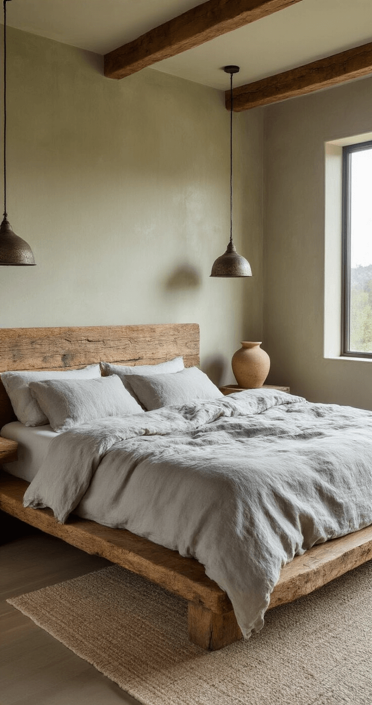 A wide-angle view of a master bedroom at dawn, showcasing a reclaimed oak platform bed with rumpled pale grey linen bedding. Oxidized metal pendant lights hang at different heights, and a handmade ceramic table lamp with crazing marks rests on a live-edge nightstand. The lime wash walls exhibit subtle color variations, enhanced by natural morning light and warm practical lighting.