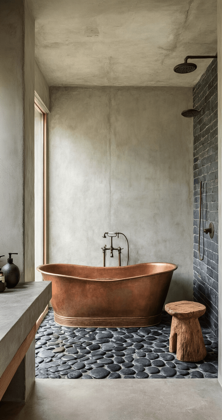 A serene bathroom with hand-troweled concrete walls and a vintage copper freestanding tub. Black river stones in the shower, a hand-carved wooden stool, and wabi sabi pottery for bath essentials. Soft shadows from frosted glass and an unpolished stone countertop enhance the tranquil atmosphere. Shot from doorway height.