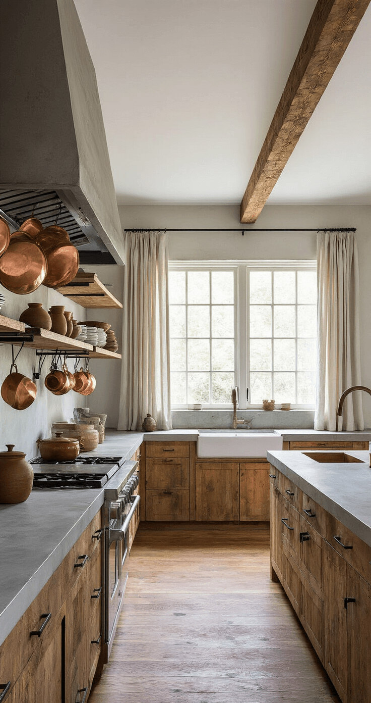 A modern kitchen featuring exposed ceiling beams, hand-scraped wooden floors, and concrete countertops with subtle imperfections. Open shelving displays handmade ceramics in earth tones, while copper pots hang from an iron rack. Linen curtains filter afternoon light, and a wide-angle view captures the workflow triangle, blending natural light with task lighting.