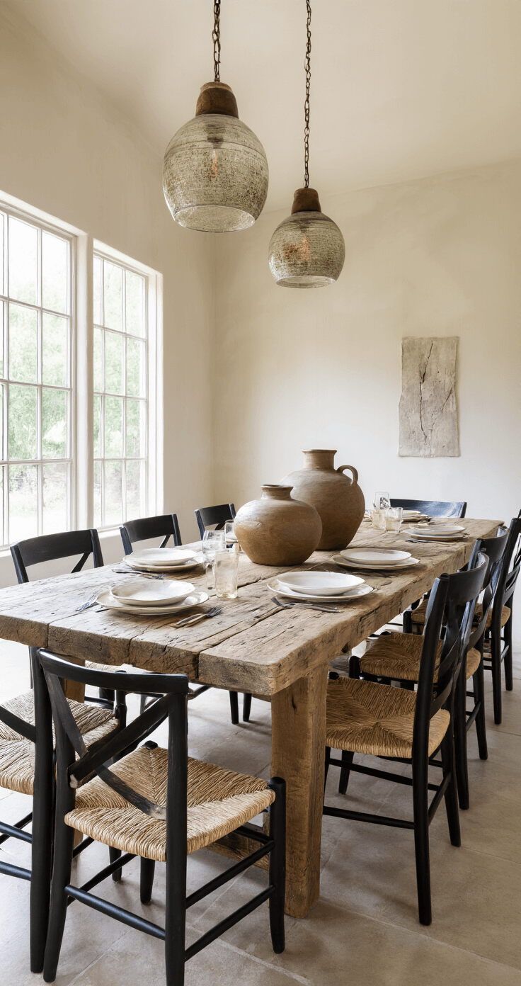 Dining space with a long barn wood table showcasing nail holes and grain patterns, surrounded by black wooden chairs with handwoven rush seats. Oversized ceramic vessels in corners and walls in natural clay plaster (#DCD3C9). The scene is illuminated by pendant lights with handblown glass, casting organic shadows, captured from standing height with dramatic side lighting and soft fill.
