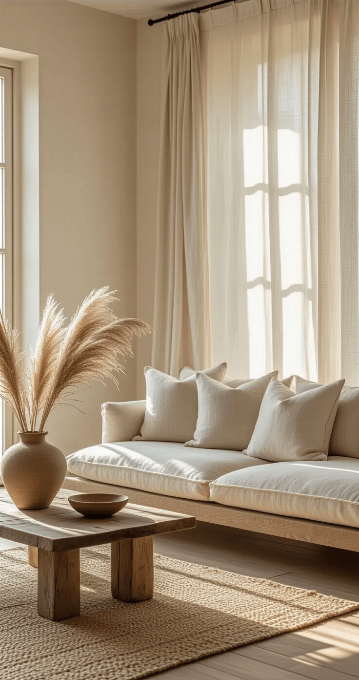 A minimalist living room at golden hour with sunlight filtering through sheer linen curtains, highlighting a low-profile oatmeal sofa with asymmetrically placed cushions. An ancient ceramic vessel with dried pampas grass sits on a rough-hewn wooden coffee table, surrounded by a handwoven jute rug. The space showcases weathered oak flooring and emphasizes negative space and wabi-sabi aesthetics.