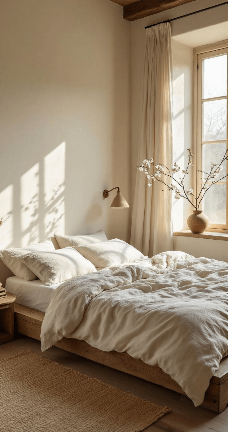 A sunlit bedroom sanctuary featuring an unmade linen bed in soft wheat, a reclaimed timber platform bed, a handmade ceramic lamp casting gentle shadows on warm white plaster walls, and a branch of cherry blossoms in a weathered pottery vase, captured from a low corner angle.