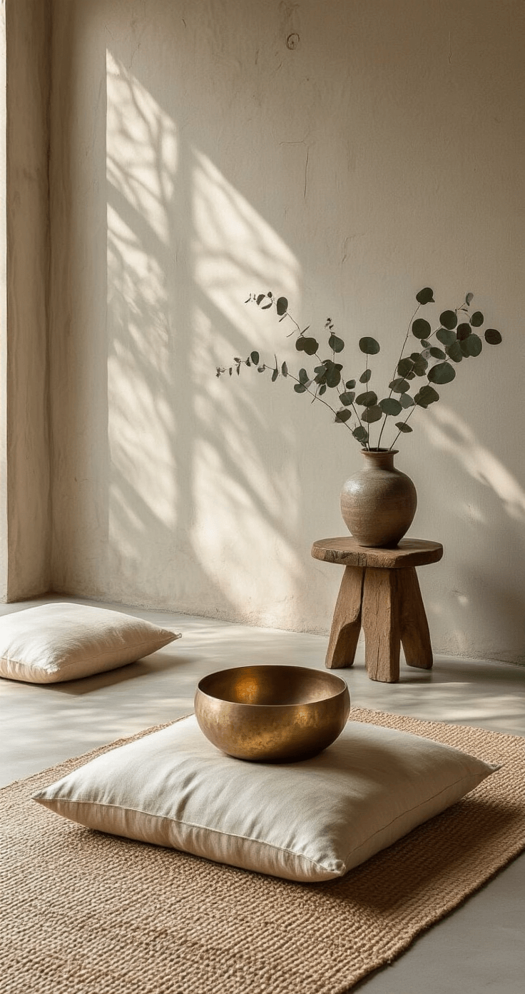 A serene meditation corner featuring a worn raw silk floor cushion on a geometric hemp mat, illuminated by diffused afternoon light. An exposed concrete wall with subtle imperfections provides a backdrop, while a patina brass singing bowl rests on a rustic wooden stool. A crackle-glazed vessel holds dried eucalyptus, enhancing the organic feel. The composition is captured from a slightly elevated angle, showcasing muted earth tones.