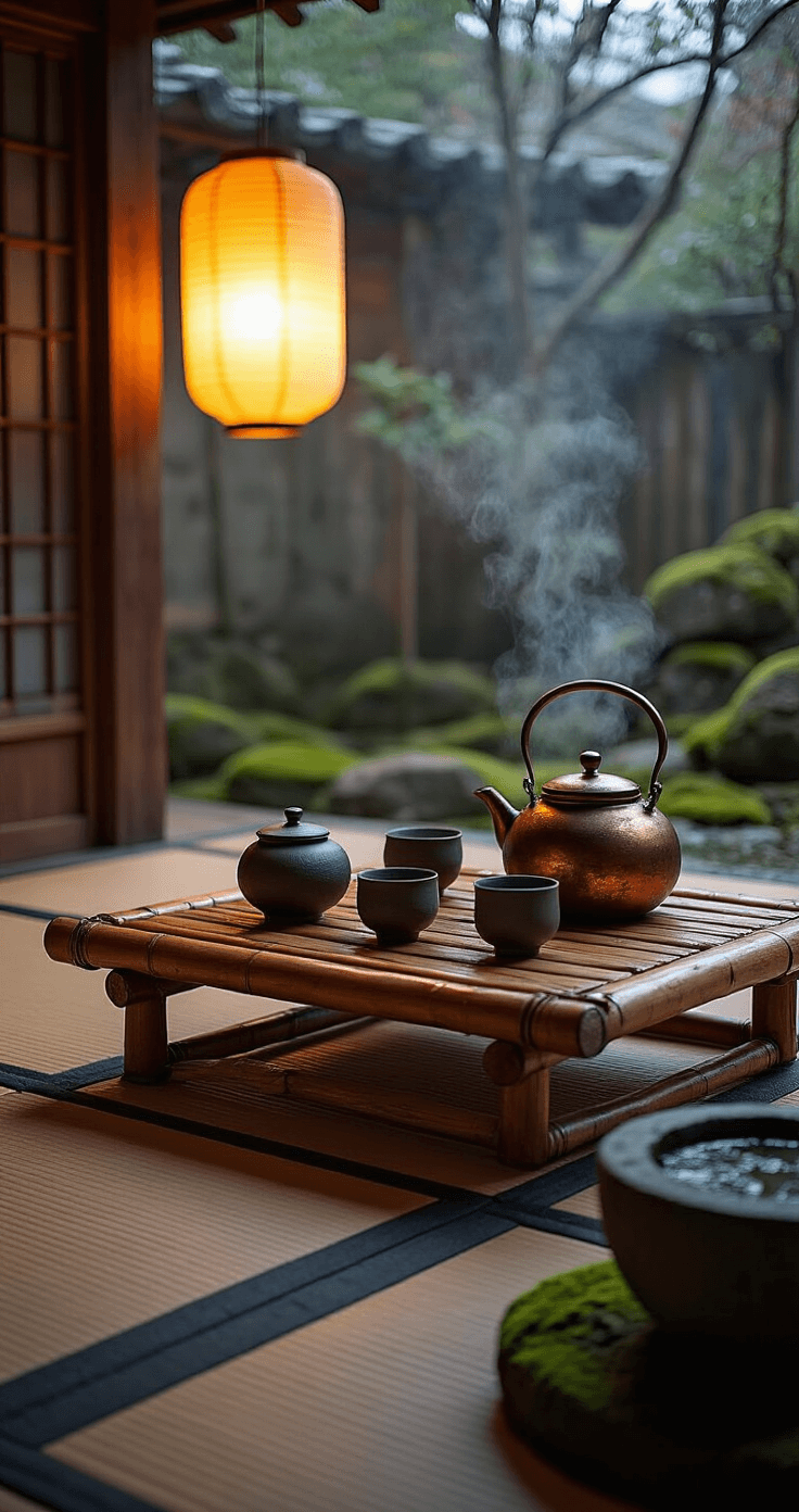 A cozy 6x8ft tea ceremony space at dusk features hand-thrown ceramic teaware on a low bamboo table, a vintage copper kettle steaming, and worn tatami mats. A soft light from a paper lantern enhances the textures, while a moss-covered stone water basin adds a touch of nature. The low camera angle captures the intimate atmosphere.
