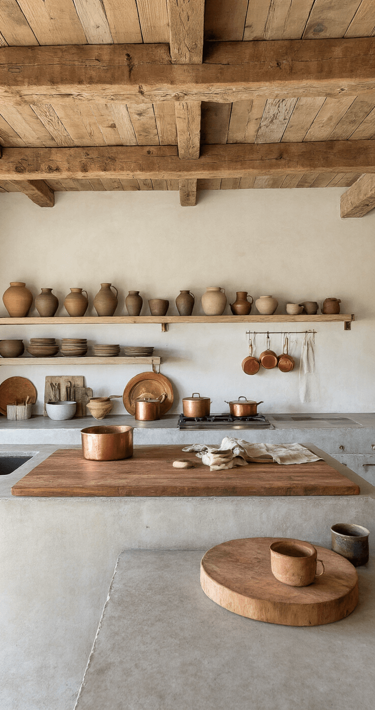 A spacious kitchen with exposed wooden beams, hand-troweled concrete counters, and earthy pottery on open shelving. Copper pots with verdigris patina, linen aprons on brass hooks, and a well-used wooden chopping block complete the scene.