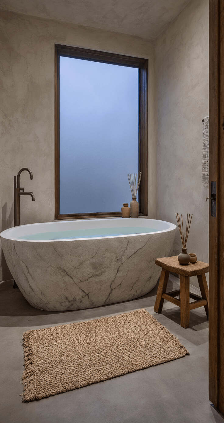 A serene 10x12ft twilight bathroom retreat featuring a freestanding stone soaking tub with natural veining, unfinished concrete floors, and textured plaster walls. A handwoven bath mat, weathered wooden stool with a pottery soap dish, and a reed diffuser complete the spa-like atmosphere, enhanced by soft rising steam and moody natural lighting visible from the doorway.