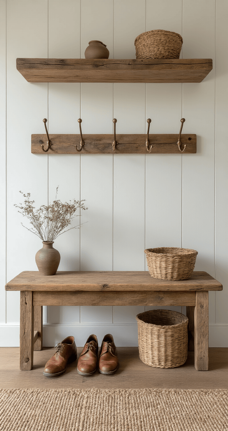 Welcoming entryway featuring a handcrafted wooden bench with visible knots, a floating reclaimed timber shelf, well-worn leather shoes, an aging woven basket, a simple ceramic vessel with dried botanicals, and vintage brass hooks, all illuminated by morning light.