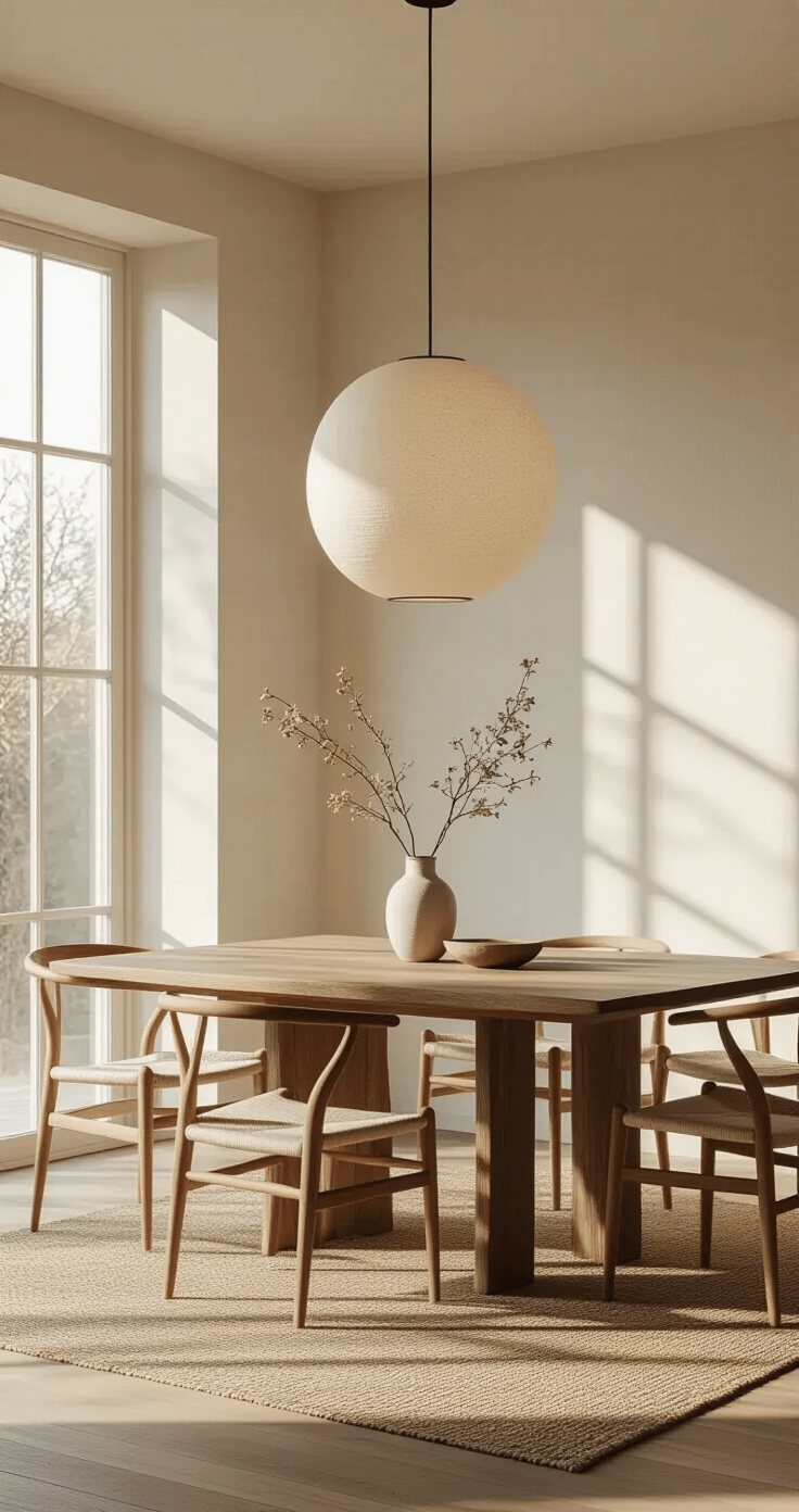 A minimalist dining space featuring a raw edge walnut table and low-profile linen chairs, illuminated by golden hour sunlight streaming through floor-to-ceiling windows, with a wabi sabi ceramic pendant overhead and a single ikebana arrangement on a vintage jute rug.