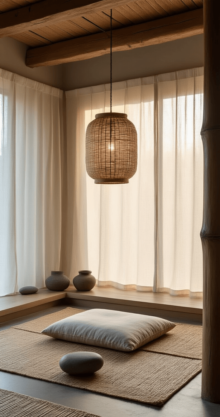Intimate meditation corner at dawn featuring a weathered bamboo pendant hanging from wooden beams, with morning light filtering through sheer linen curtains. A low platform cushion in undyed wool is surrounded by handwoven grass mats, complemented by stone vessels and a smooth river rock, all in a muted palette of fog grays, pale bamboo, and cream. Wide-angle shot from corner height emphasizes the pendant and its interaction with the soft morning glow.