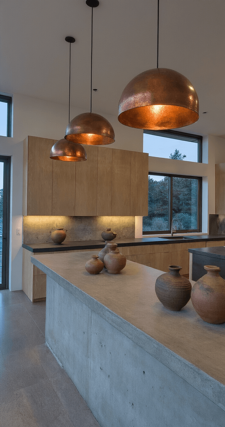 A modern open concept kitchen at dusk featuring a concrete island with three aligned patinated copper pendants above, showcasing unique verdigris patterns. The space includes minimal upper cabinets in bleached oak, dark soapstone counters, and handmade ceramic vessels clustered at one end. Evening light creates blue tones through western windows, highlighting the mix of rough and smooth materials like concrete, copper, wood, and stone.