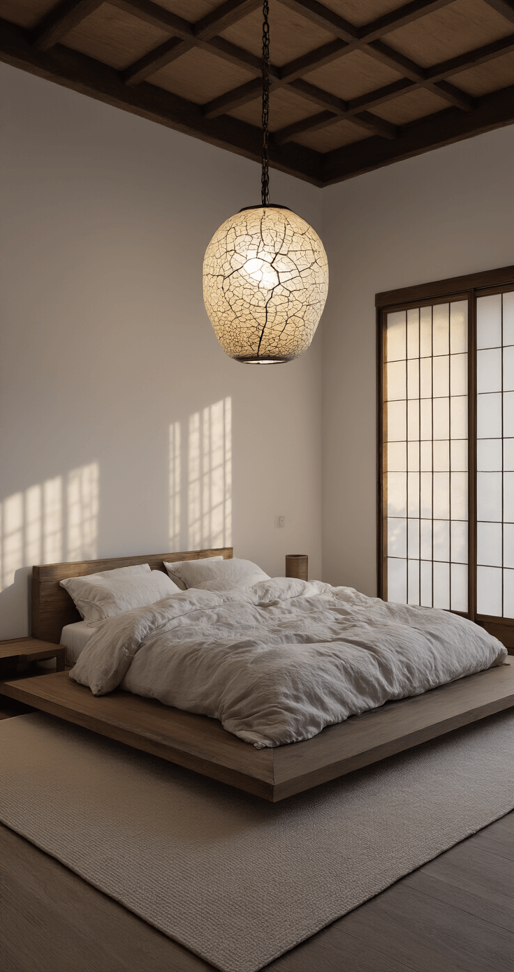 Dramatic master bedroom at twilight featuring a large ceramic wabi sabi pendant casting intricate shadows above a platform bed with rumpled linen. Japanese paper screens filter the fading light, enhancing the monochromatic scheme of bone, chalk, and ivory on the white-washed walls.