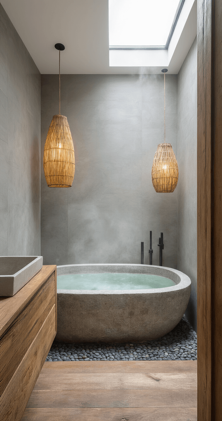 Aerial view of a Zen-inspired bathroom featuring a freestanding stone soaking tub, framed by slim bamboo wabi sabi pendants, with natural light flooding through a skylight, illuminating the textures. A pebble floor leads to a floating vanity in reclaimed teak, creating an ethereal atmosphere with steam, in a palette of cool grays and warm woods.